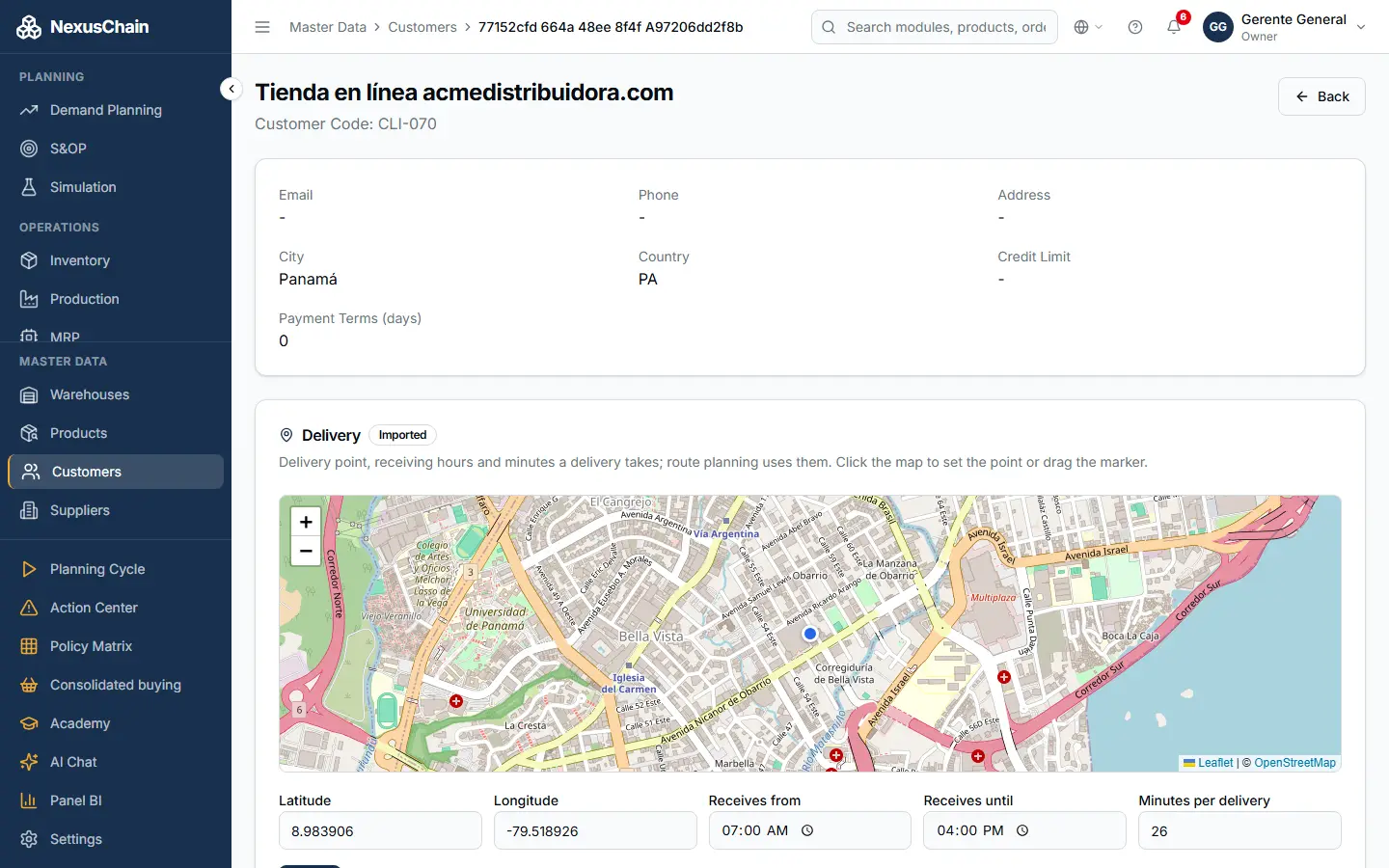 Screenshot: Customers: delivery point