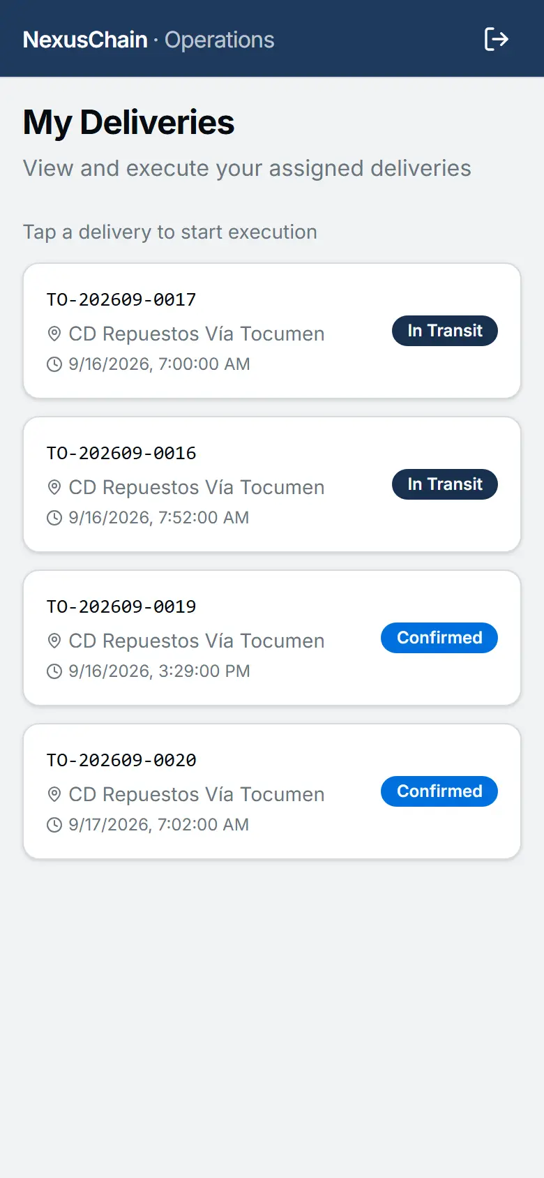 Screenshot: Driver deliveries