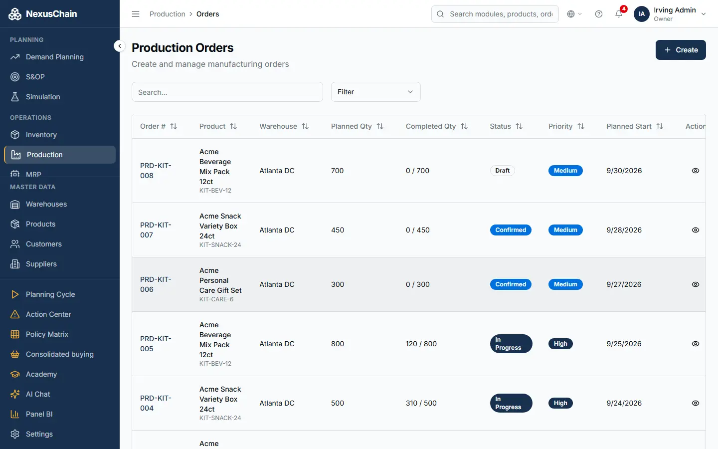 Screenshot: Production orders