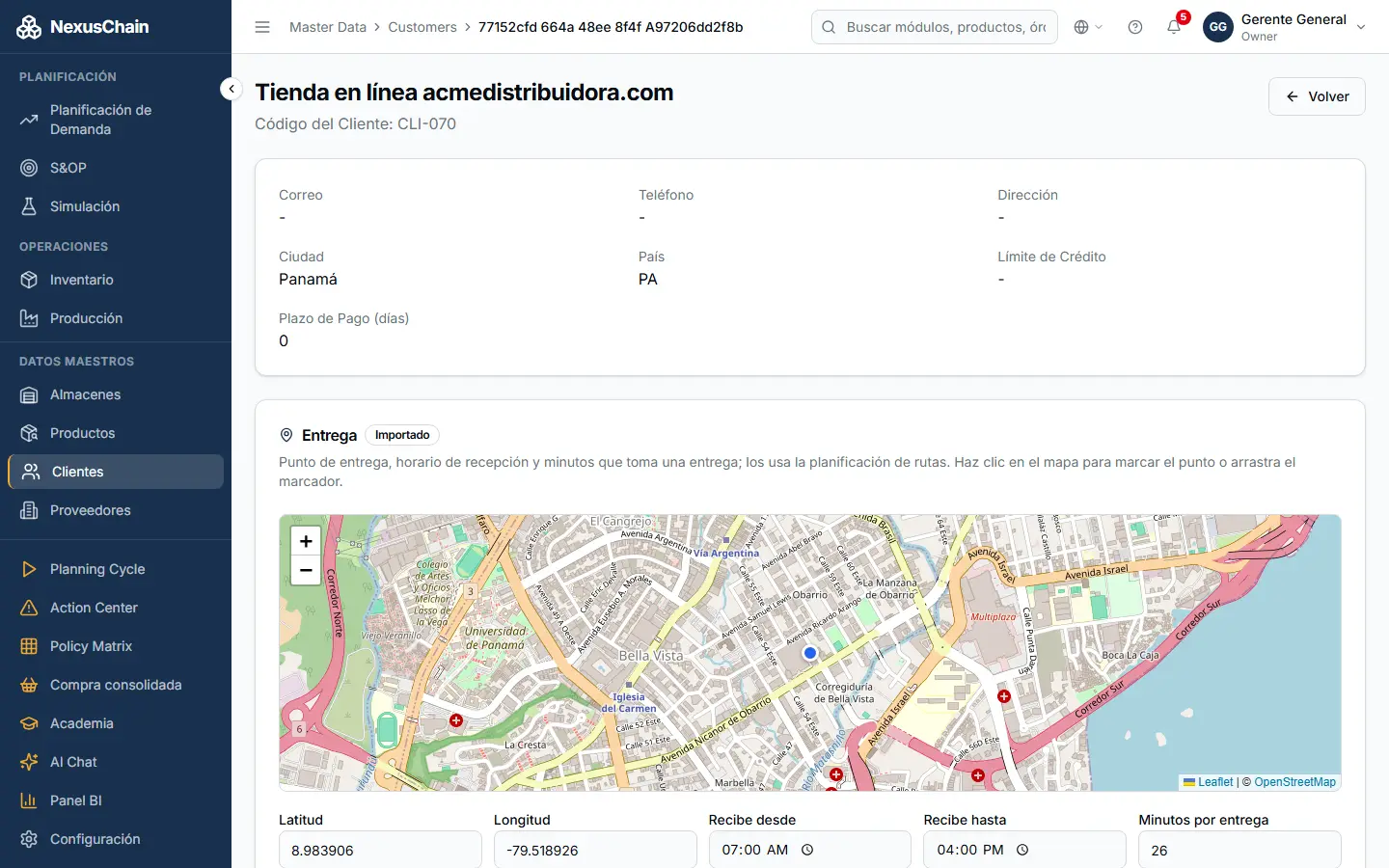 Captura: Clientes: punto de entrega