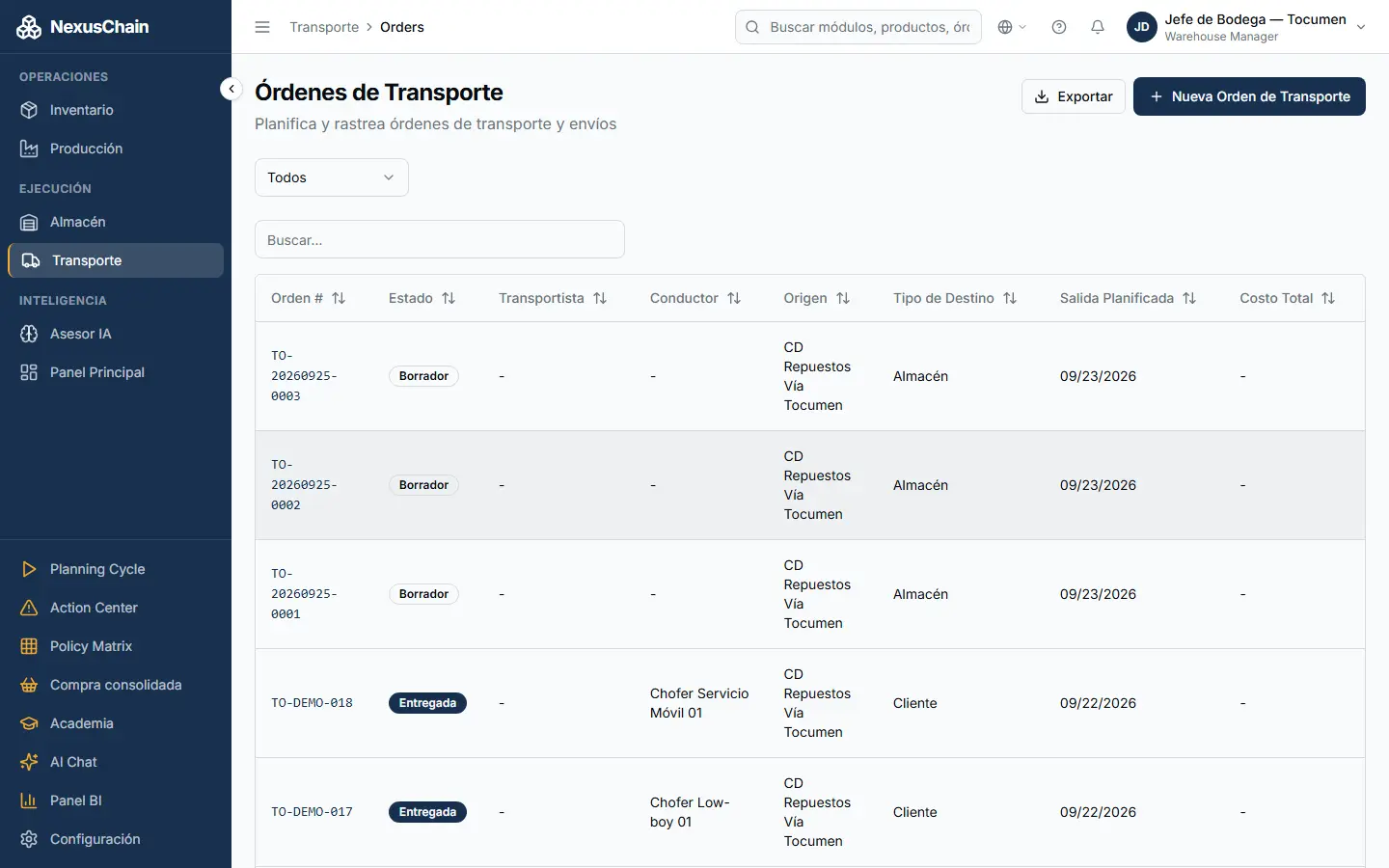 Captura: Órdenes de transporte